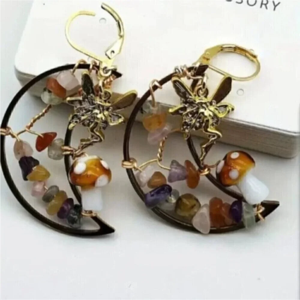 Crescent Moon Gold Mushroom Colorful Stone Fairycore Earrings - Picture 4 of 6